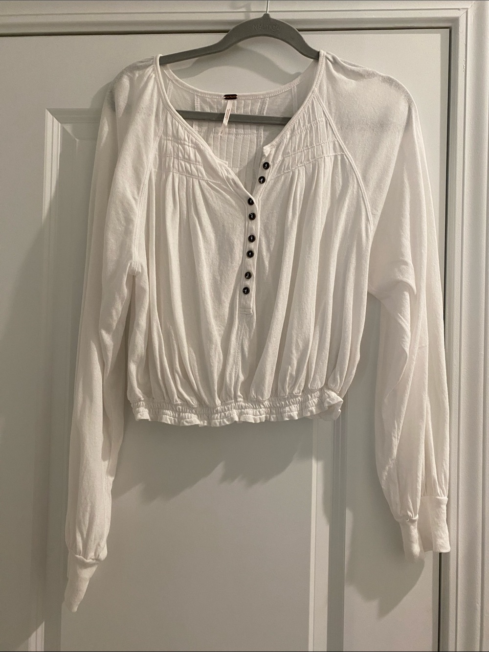 Free People White Long Sleeve Button Henley Top